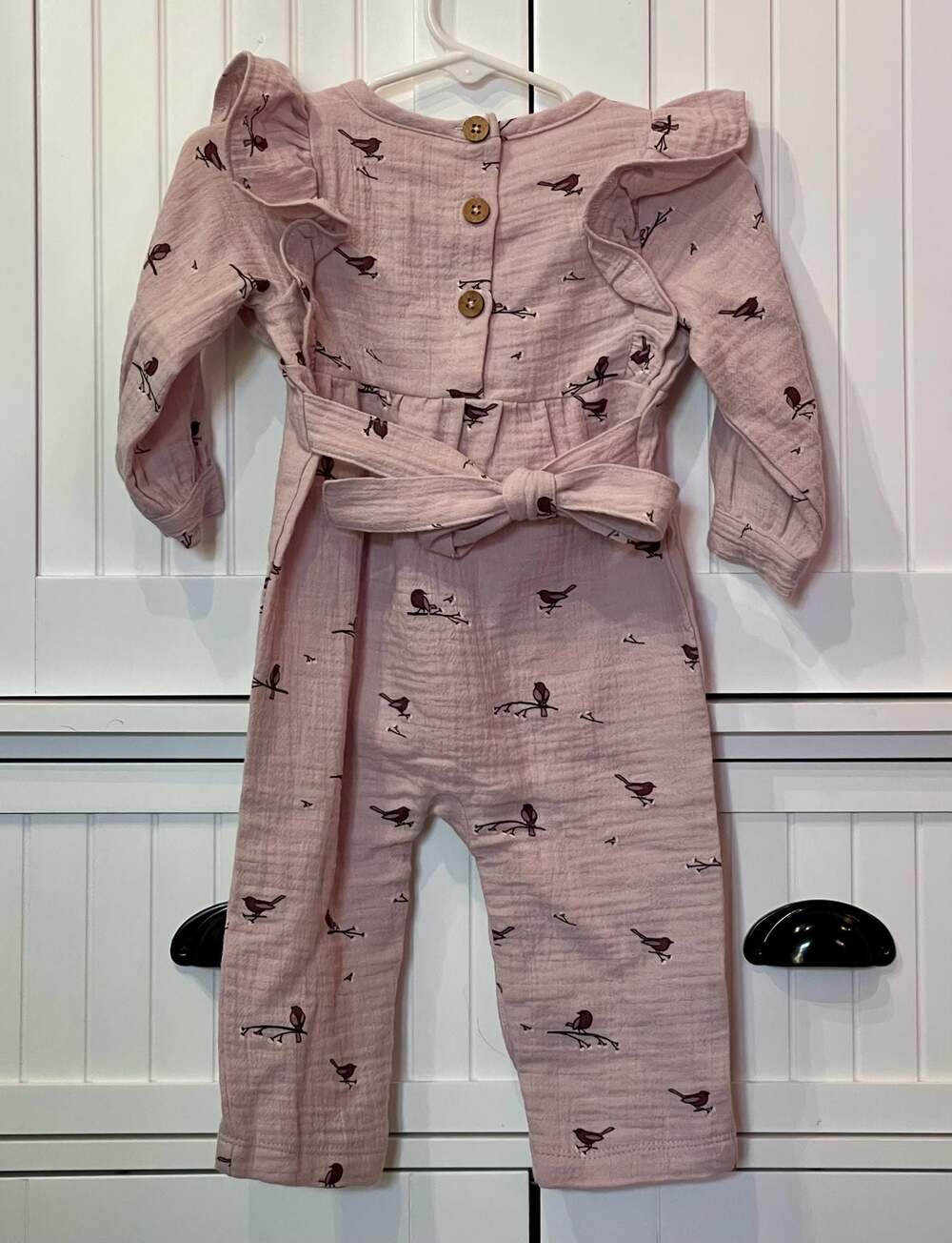 City Mouse Flutter Sleeve Long Romper in Lavender Birds Print - Picture 2 of 6